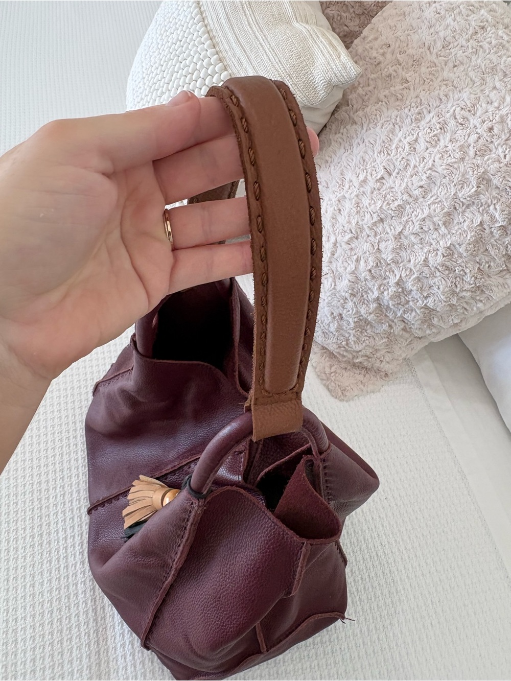 The Sak Los Feliz Burgundy Leather Tote Bag with Tassel - Picture 3 of 10